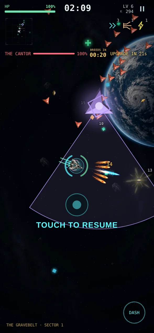 Actual gameplay in a scripted boss encounter: the violet Cantor projects a wide attack cone toward the Kestrel while smaller enemies close in.