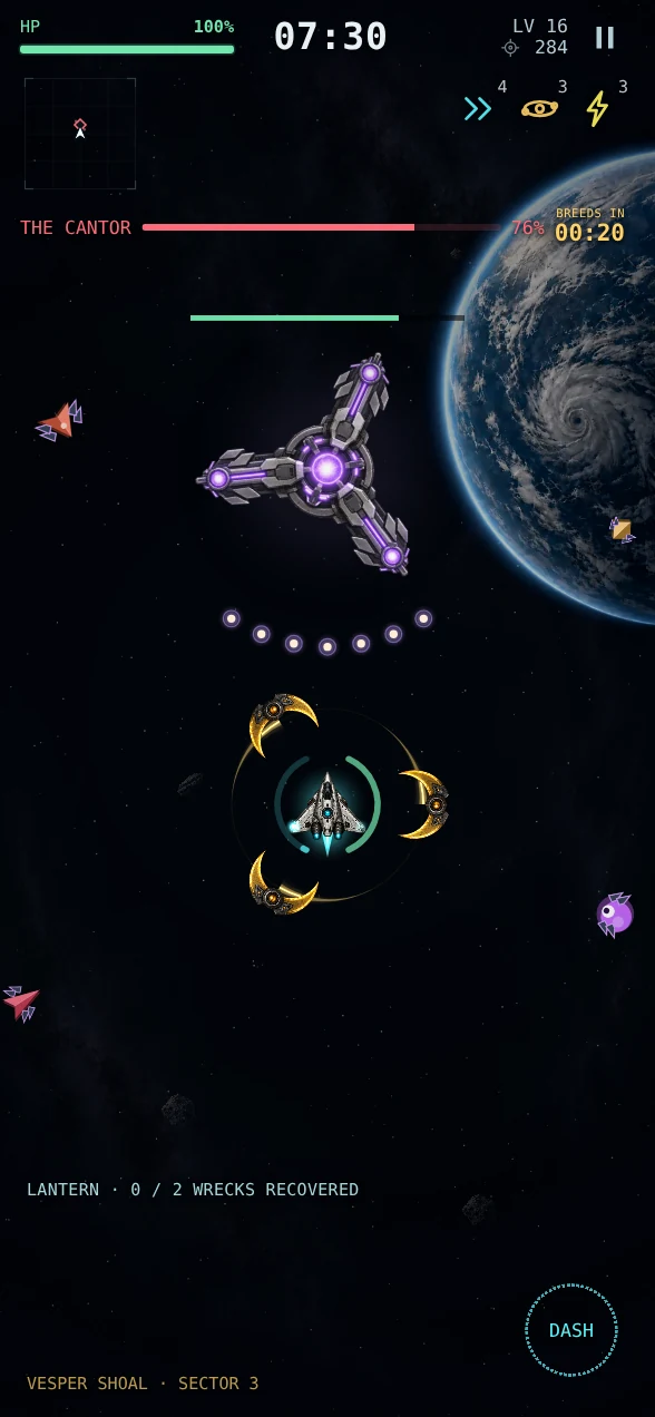 Actual gameplay in a scripted boss encounter: the larger, three-arm metallic Cantor fires a violet projectile fan toward the Kestrel and its golden Orbital Blades.