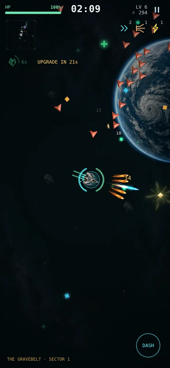 Actual gameplay: the Kestrel fires a cyan bolt and orange scatter shots at a line of enemies beside a blue planet. Health, radar and the dash control are visible.