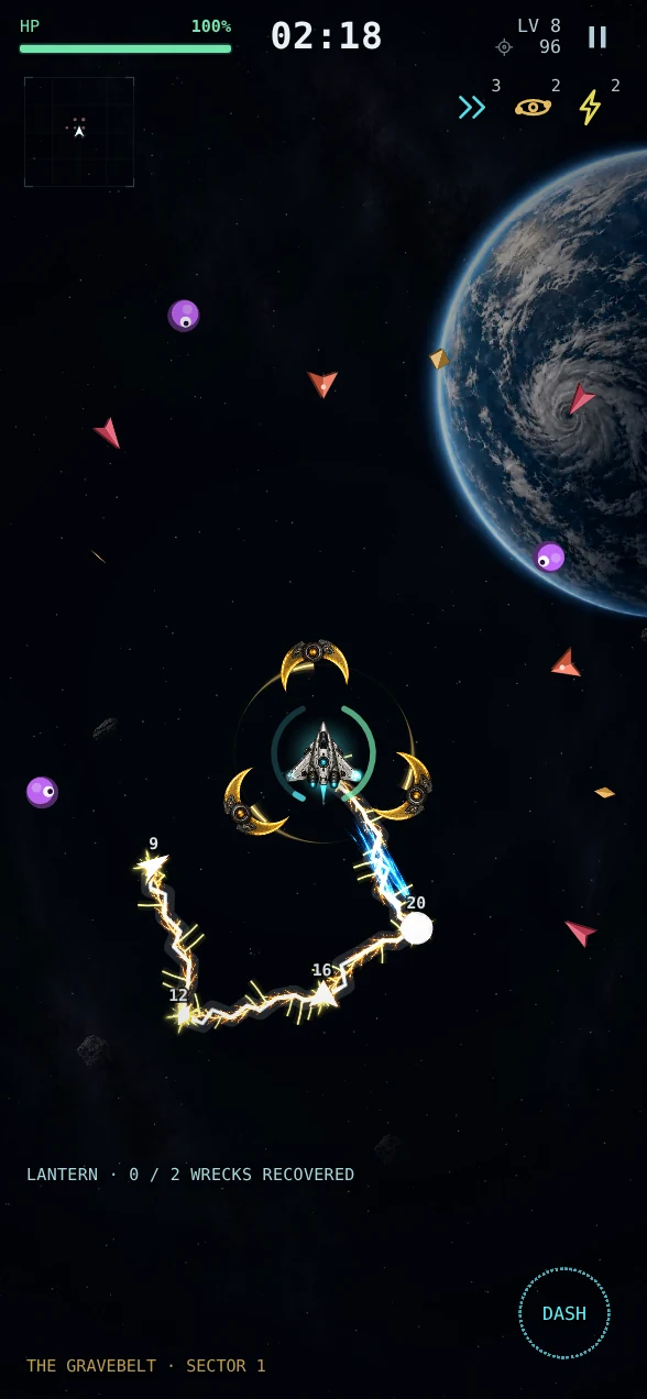 Actual gameplay: golden Orbital Blades surround the Kestrel while Chain Arc jumps between approaching enemies beside a blue planet. Health, radar and the dash control are visible.