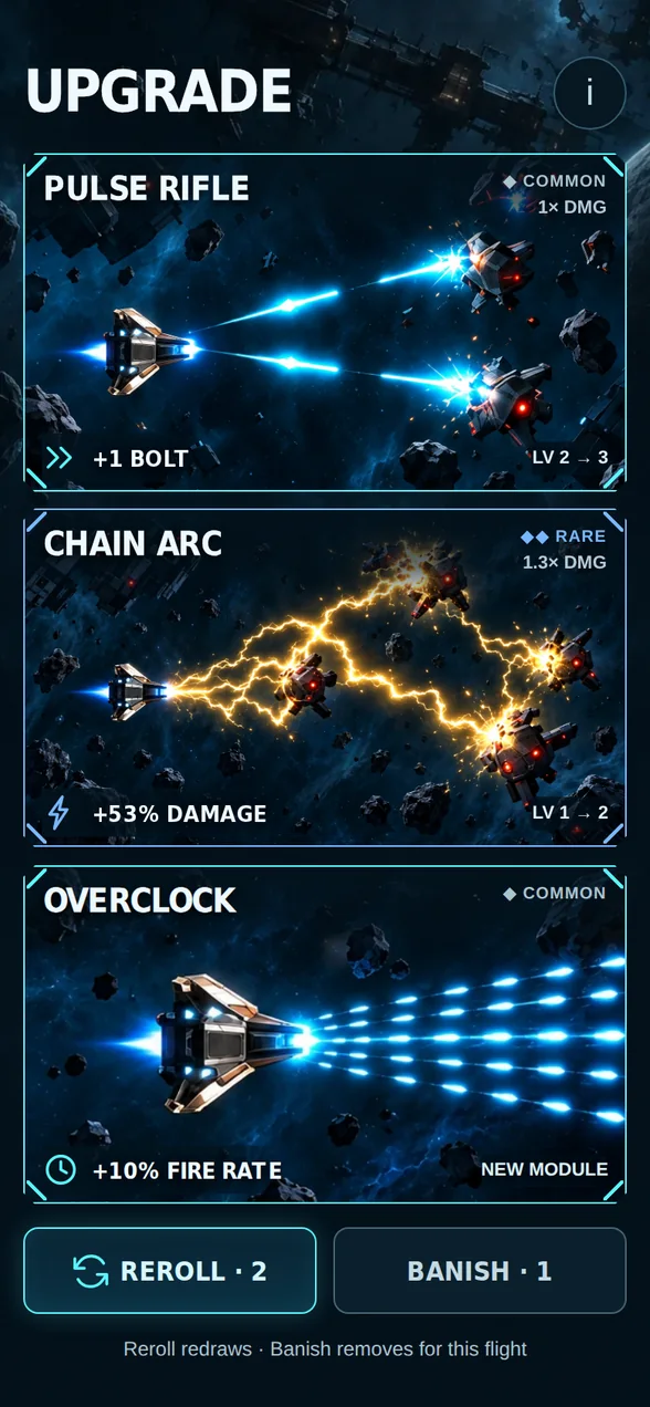 Actual upgrade screen offering a Pulse Rifle extra bolt, Rare Chain Arc damage boost or an Overclock fire-rate module, with reroll and banish choices.