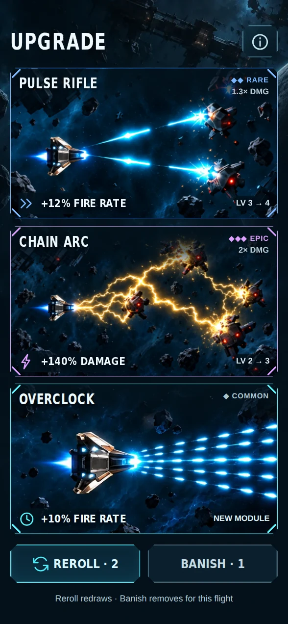 Actual upgrade screen offering a Rare Pulse Rifle fire-rate boost, Epic Chain Arc damage boost or an Overclock module, with reroll and banish choices.