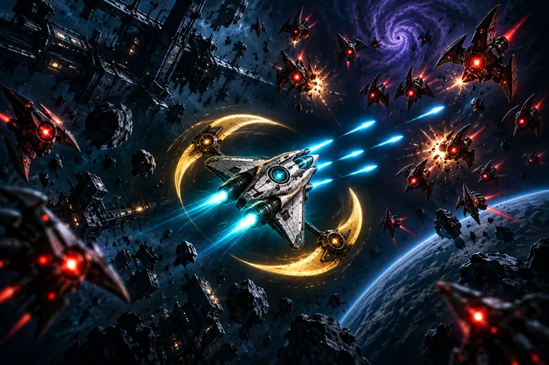 Cinematic key art of the silver Kestrel firing cyan plasma through a red machine swarm, with golden orbital blades circling its hull.