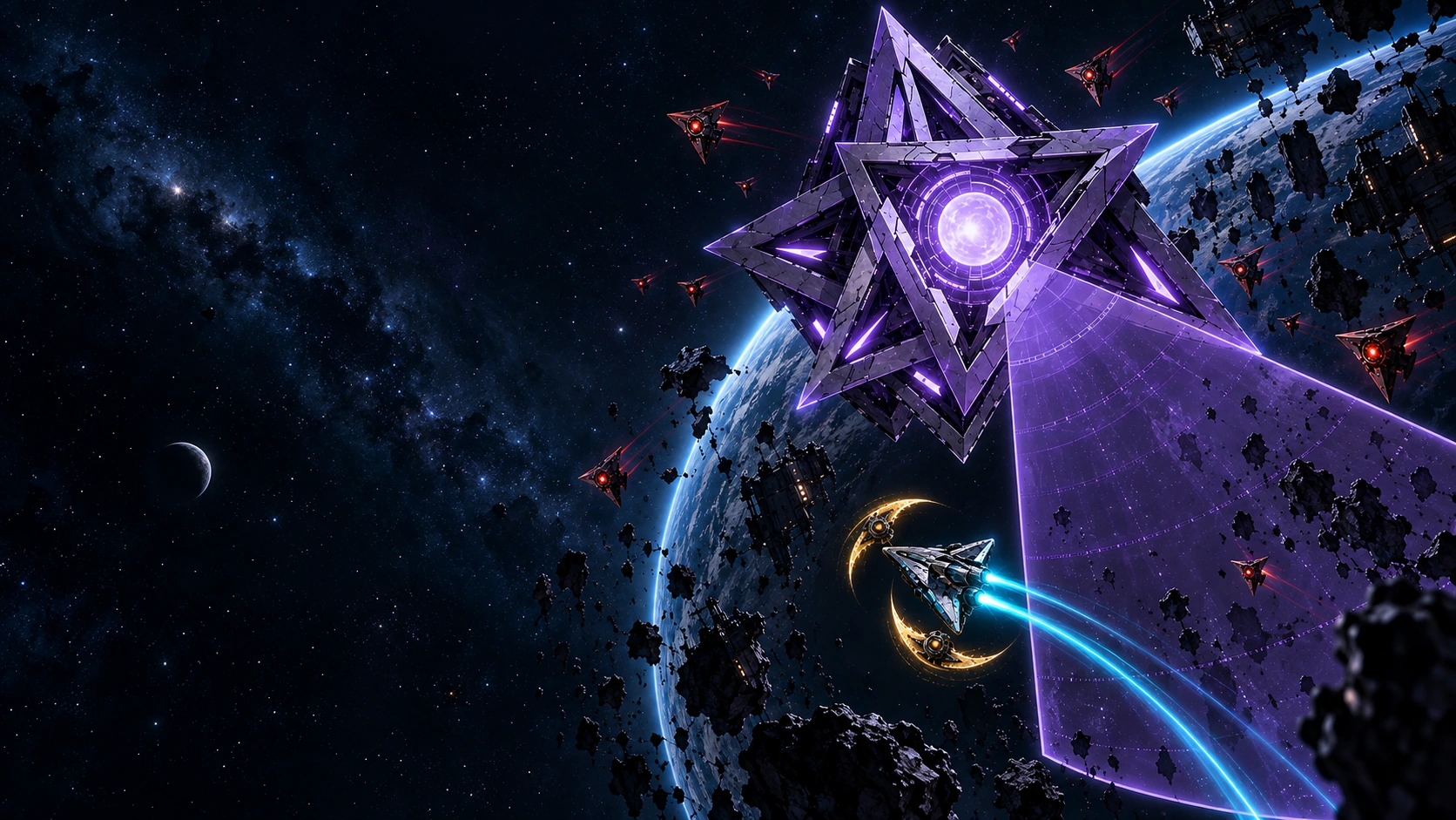 A small Kestrel escapes the attack cone of a towering violet machine boss.