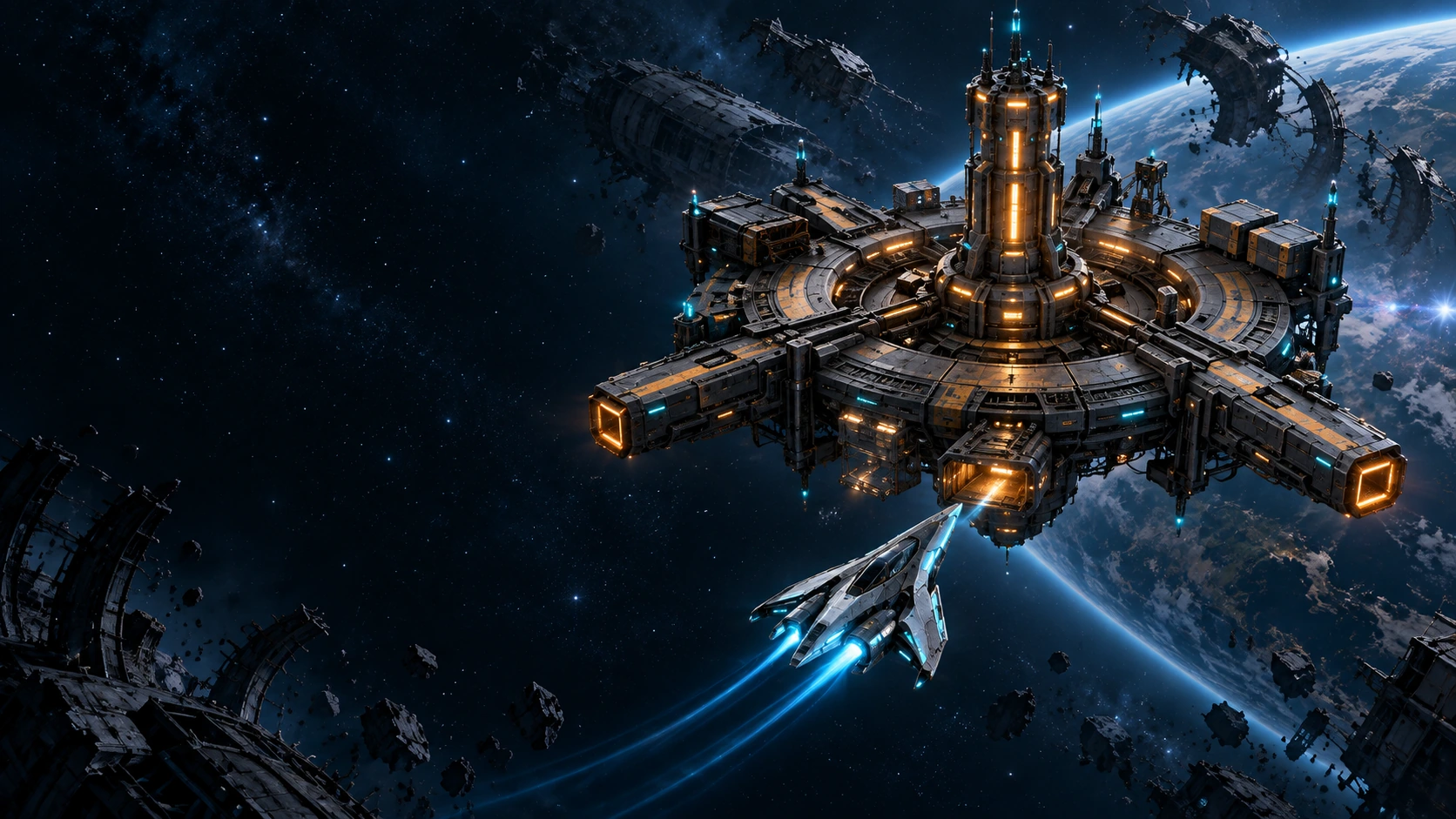 The Kestrel returns to the amber-lit Lantern station above a blue planet.