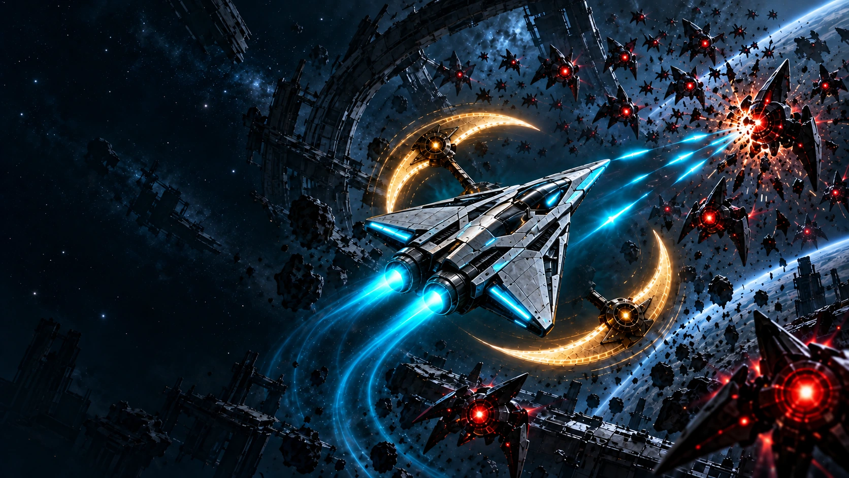 A silver Kestrel and golden Orbital Blades break through red-core machine ships.